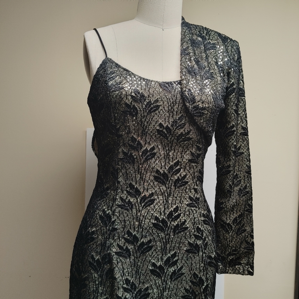 Bari Jay Black Lace with Gold Lame Underlay Evening Dress & Bolero sz 4/6 - Picture 2 of 15